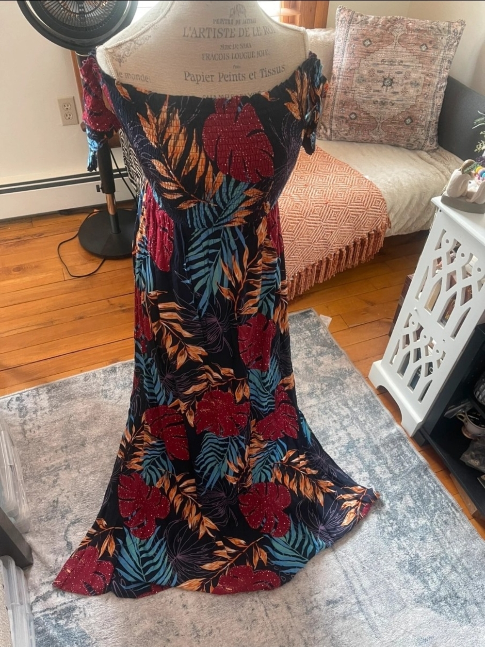 Fashion Nova Navy Off-Shoulder Maxi Dress with Red Floral and Teal Leaves